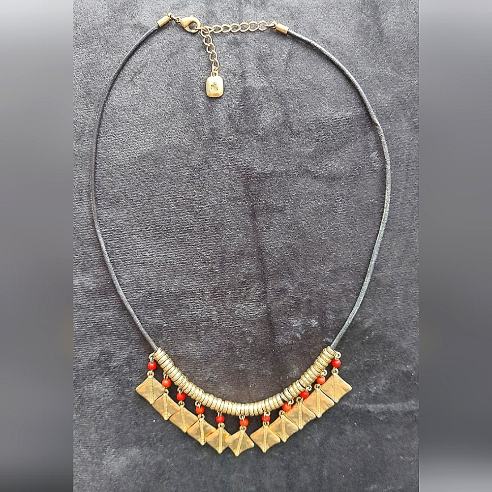 Lauren RL goldtone necklace simulated coral on brn leather 18"